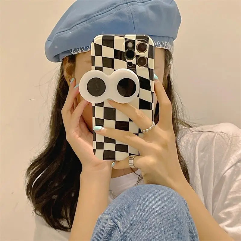 Plaid Cartoon Eyes Stand Phone Case - iPhone 13 Pro Max / 13 Pro / 13 / 12 Pro Max / 12 Pro / 12 / 12 Mini / 11 Pro Max / 11 Pro / 11 / XS Max / XR / XS / X / 8 Plus / 7 Plus / 8 / 7 / SE 2-15