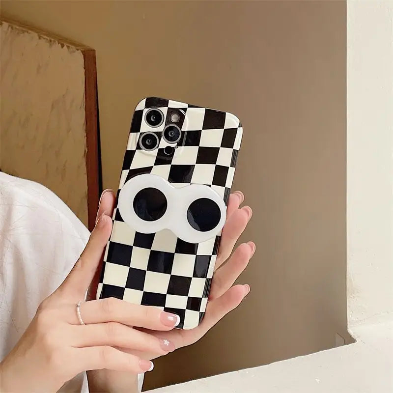 Plaid Cartoon Eyes Stand Phone Case - iPhone 13 Pro Max / 13 Pro / 13 / 12 Pro Max / 12 Pro / 12 / 12 Mini / 11 Pro Max / 11 Pro / 11 / XS Max / XR / XS / X / 8 Plus / 7 Plus / 8 / 7 / SE 2-6