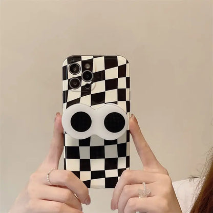 Plaid Cartoon Eyes Stand Phone Case - iPhone 13 Pro Max / 13 Pro / 13 / 12 Pro Max / 12 Pro / 12 / 12 Mini / 11 Pro Max / 11 Pro / 11 / XS Max / XR / XS / X / 8 Plus / 7 Plus / 8 / 7 / SE 2-2