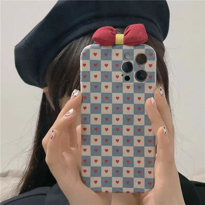 Plaid Heart Print Bow Phone Case - iPhone 13 Pro Max / 13 Pro / 13 / 12 Pro Max / 12 Pro / 12 / 11 Pro Max / 11 Pro / 11 / XS Max / XR / XS / X / 8 Plus / 7 Plus-3