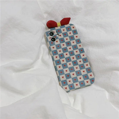 Plaid Heart Print Bow Phone Case - iPhone 13 Pro Max / 13 Pro / 13 / 12 Pro Max / 12 Pro / 12 / 11 Pro Max / 11 Pro / 11 / XS Max / XR / XS / X / 8 Plus / 7 Plus-13