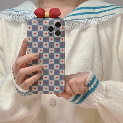 Plaid Heart Print Bow Phone Case - iPhone 13 Pro Max / 13 Pro / 13 / 12 Pro Max / 12 Pro / 12 / 11 Pro Max / 11 Pro / 11 / XS Max / XR / XS / X / 8 Plus / 7 Plus-4