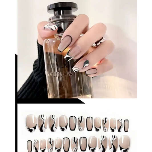Print Pointed Faux Nail Tips - Black & White / One Size - 