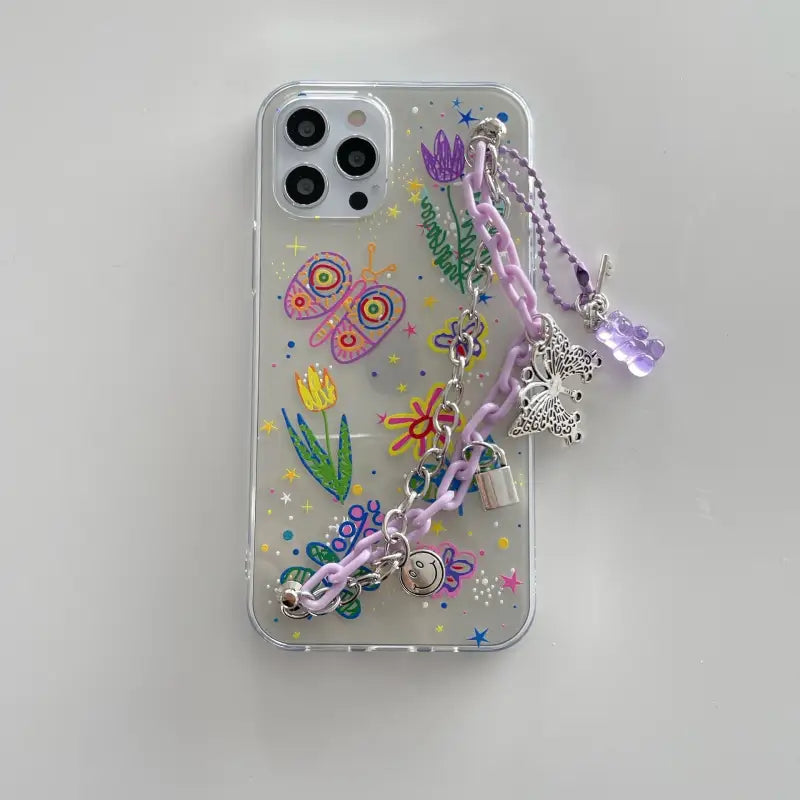 Purple/Silvery Chain With Butterfly Pendant iPhone Case 