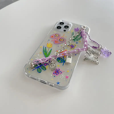 Purple/Silvery Chain With Butterfly Pendant iPhone Case 
