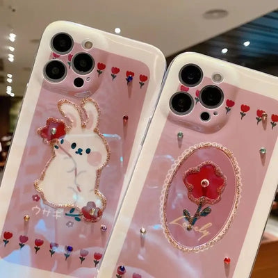Rabbit / Flower Print Rhinestone Phone Case - iPhone 12 Pro Max / 12 Pro / 12 / 11 Pro Max / 11 Pro / 11 / XS Max / XS / XR / X / 8 Plus / 7 Plus / Huawei-7