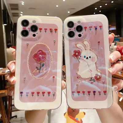Rabbit / Flower Print Rhinestone Phone Case - iPhone 12 Pro Max / 12 Pro / 12 / 11 Pro Max / 11 Pro / 11 / XS Max / XS / XR / X / 8 Plus / 7 Plus / Huawei-2