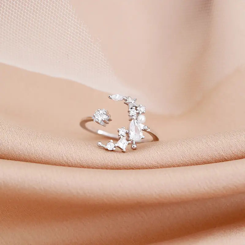 Reach For The Moon Ring LIN07 - Star Moon Pearl Ring