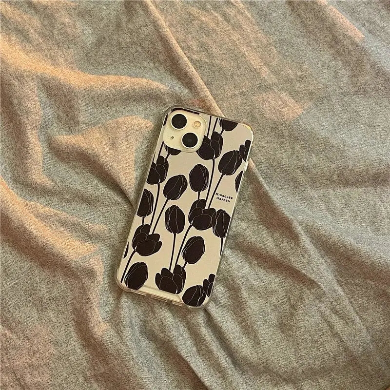 Retro Black Tulip Phone Case for iPhone 11 iPhone 13 Pro Max