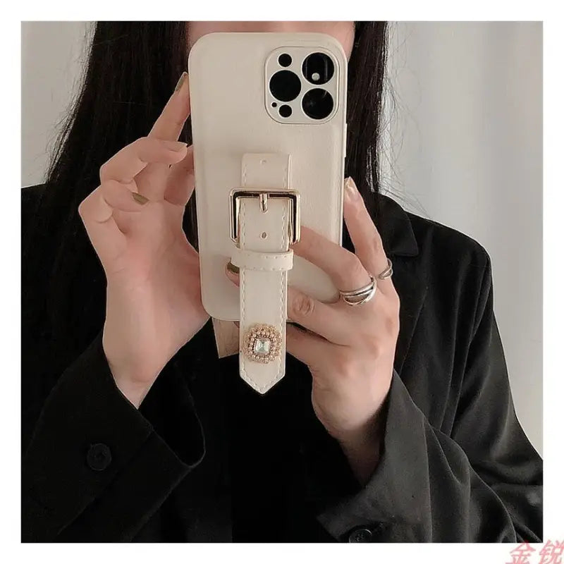 Rhinestone Faux Leather Hand Strap Phone Case - iPhone 13 Pro Max / 13 Pro / 13 / 13 mini / 12 Pro Max / 12 Pro / 12 / 12 mini / 11 Pro Max / 11 Pro / 11 / SE / XS Max / XS / XR / X / SE 2 / 8 / 8 Plus / 7 / 7 Plus-12