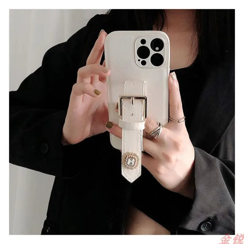 Rhinestone Faux Leather Hand Strap Phone Case - iPhone 13 Pro Max / 13 Pro / 13 / 13 mini / 12 Pro Max / 12 Pro / 12 / 12 mini / 11 Pro Max / 11 Pro / 11 / SE / XS Max / XS / XR / X / SE 2 / 8 / 8 Plus / 7 / 7 Plus-8