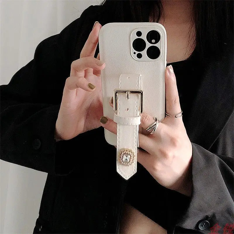 Rhinestone Faux Leather Hand Strap Phone Case - iPhone 13 Pro Max / 13 Pro / 13 / 13 mini / 12 Pro Max / 12 Pro / 12 / 12 mini / 11 Pro Max / 11 Pro / 11 / SE / XS Max / XS / XR / X / SE 2 / 8 / 8 Plus / 7 / 7 Plus-4