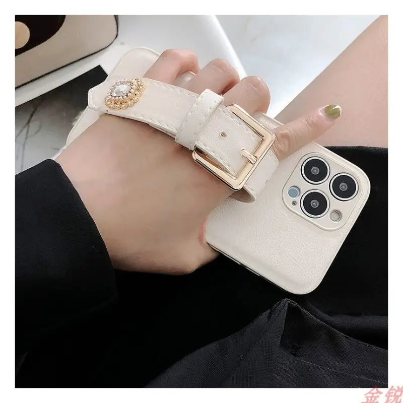 Rhinestone Faux Leather Hand Strap Phone Case - iPhone 13 Pro Max / 13 Pro / 13 / 13 mini / 12 Pro Max / 12 Pro / 12 / 12 mini / 11 Pro Max / 11 Pro / 11 / SE / XS Max / XS / XR / X / SE 2 / 8 / 8 Plus / 7 / 7 Plus-16