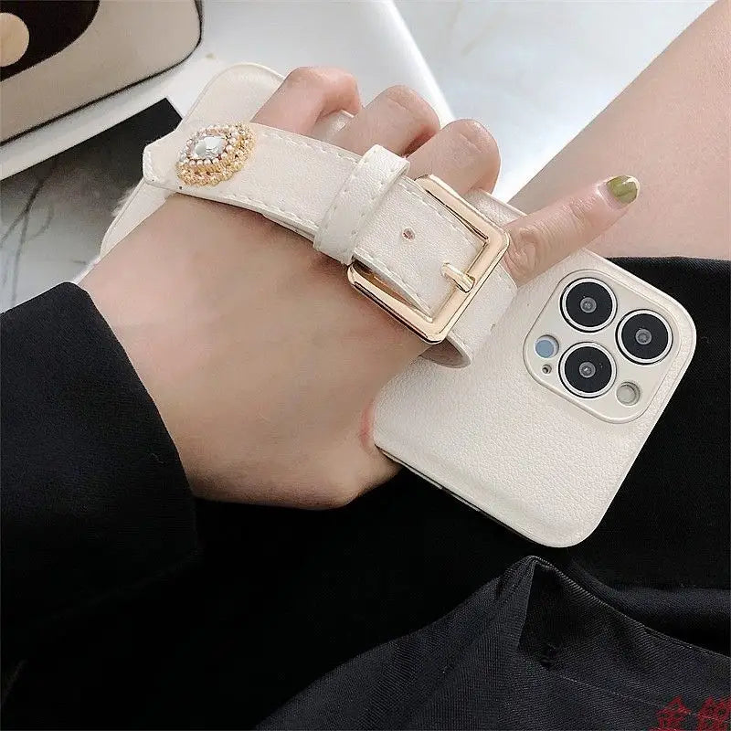 Rhinestone Faux Leather Hand Strap Phone Case - iPhone 13 Pro Max / 13 Pro / 13 / 13 mini / 12 Pro Max / 12 Pro / 12 / 12 mini / 11 Pro Max / 11 Pro / 11 / SE / XS Max / XS / XR / X / SE 2 / 8 / 8 Plus / 7 / 7 Plus-7