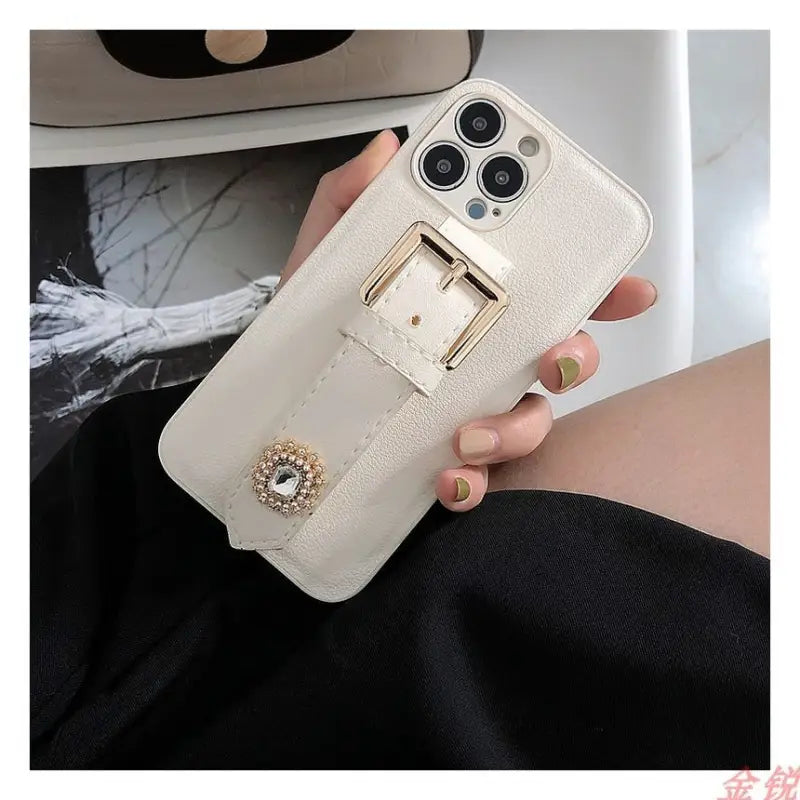 Rhinestone Faux Leather Hand Strap Phone Case - iPhone 13 Pro Max / 13 Pro / 13 / 13 mini / 12 Pro Max / 12 Pro / 12 / 12 mini / 11 Pro Max / 11 Pro / 11 / SE / XS Max / XS / XR / X / SE 2 / 8 / 8 Plus / 7 / 7 Plus-1