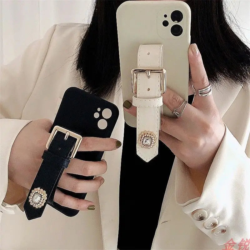 Rhinestone Faux Leather Hand Strap Phone Case - Samsung-2