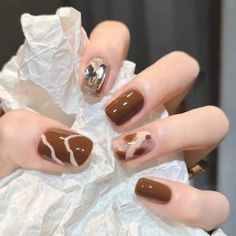 Rhinestone Leopard Print Faux Nail Tips N20 - Brown / One 
