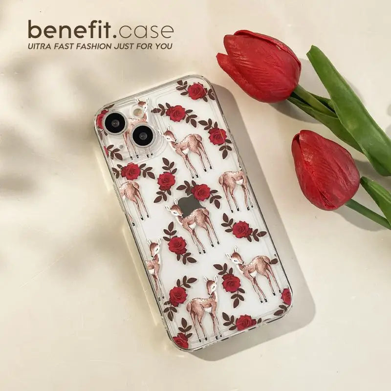 Rose Deer Transparent Phone Case - iPhone 13 Pro Max / 13 Pro / 13 / 13 mini / 12 Pro Max / 12 Pro / 12 / 12 mini / 11 Pro Max / 11 Pro / 11 / SE / XS Max / XS / XR / X / SE 2 / 8 / 8 Plus / 7 / 7 Plus-4