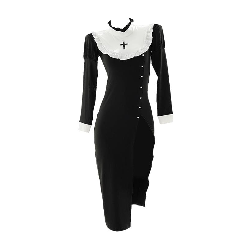 Simple Open Leg Alich Nun Dress ON846 - black / F