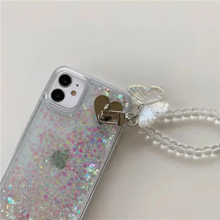 Transparent Butterfly Pearl Chain Shiny iPhone Case W035 - 