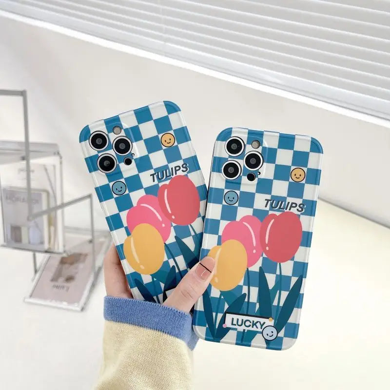 Tulip Checker Phone Case - iPhone 13 Pro Max / 13 Pro / 13 / 13 mini / 12 Pro Max / 12 Pro / 12 / 12 mini / 11 Pro Max / 11 Pro / 11 / SE / XS Max / XS / XR / X / SE 2 / 8 / 8 Plus / 7 / 7 Plus-7