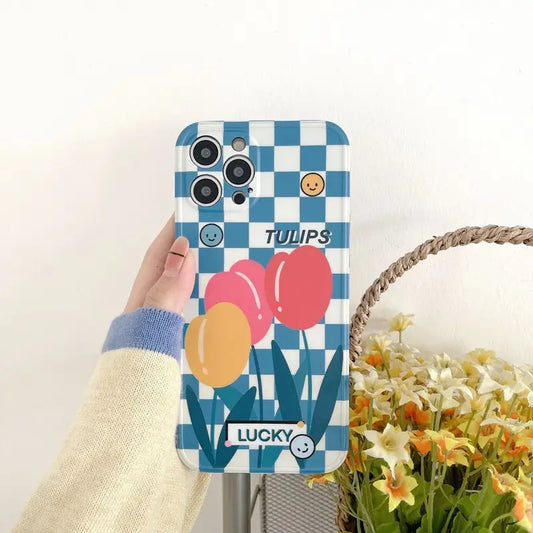 Tulip Checker Phone Case - iPhone 13 Pro Max / 13 Pro / 13 / 13 mini / 12 Pro Max / 12 Pro / 12 / 12 mini / 11 Pro Max / 11 Pro / 11 / SE / XS Max / XS / XR / X / SE 2 / 8 / 8 Plus / 7 / 7 Plus-1