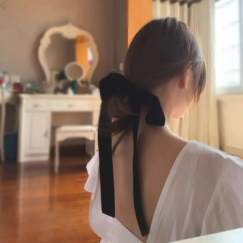 Velvet Ribbon Bow Hair Tie W359 - Black / One Size - Hair 